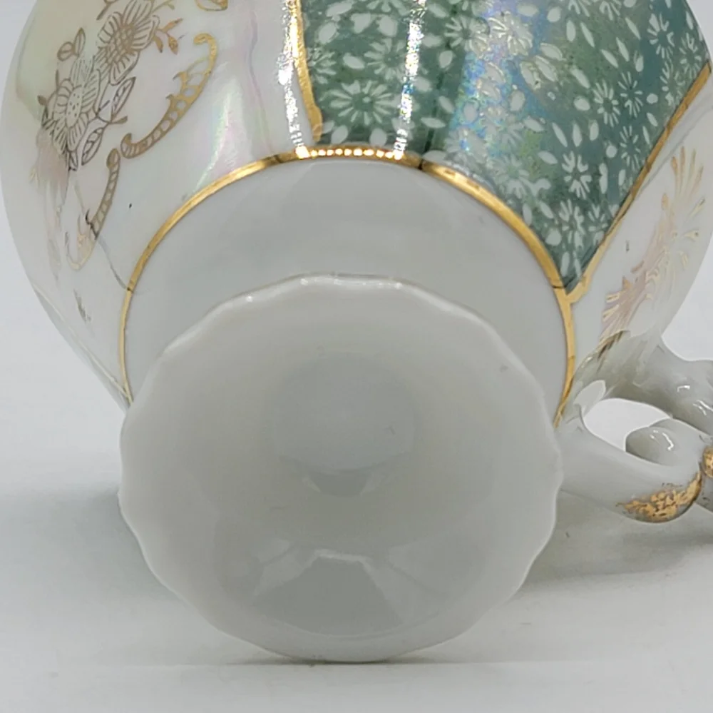 Japanese Lusterware Demitasse Cup Saucer Gold Trim Iridescent Floral Panels Vtg